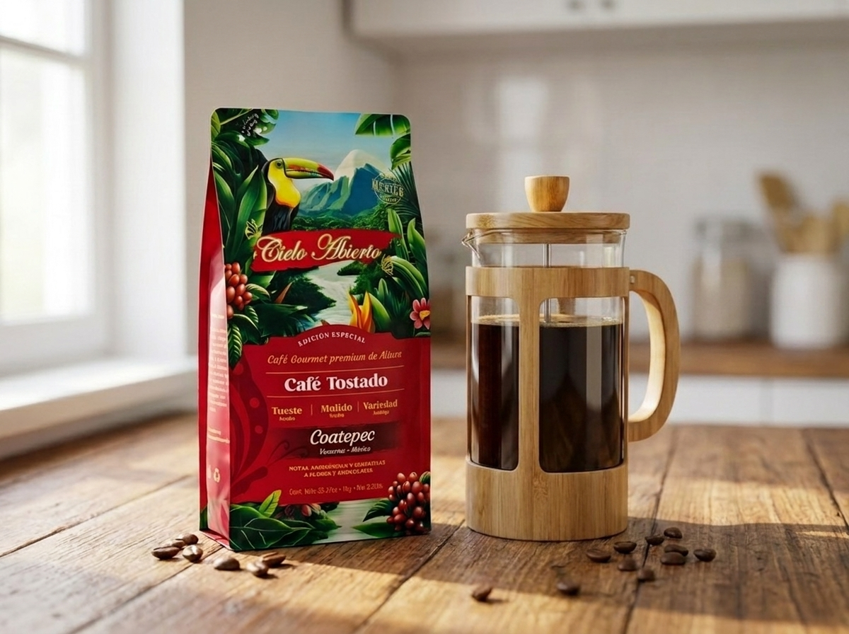 Kit Prensa Francesa con su bolsa de café Cielo Abierto de Coatepec