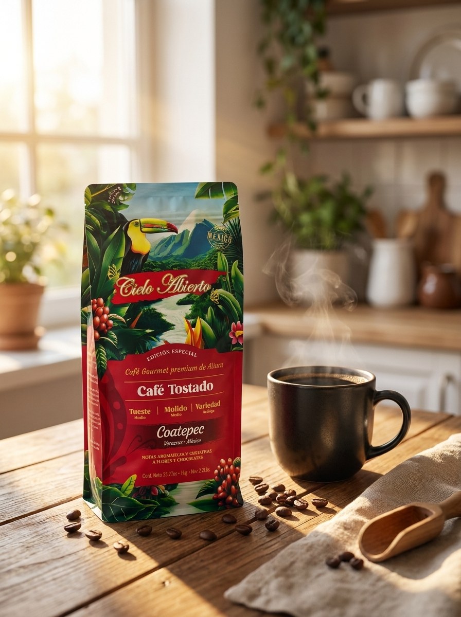 Café Cielo Abierto recién recibido sobre la mesa, junto a una taza humeante